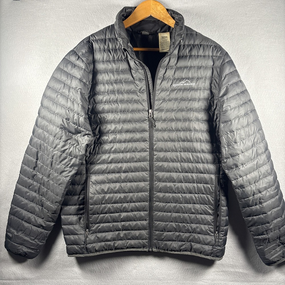 Eddie Bauer 650 Down Puffer Jacket Mens Medium Gray Full Zip Black Quilted